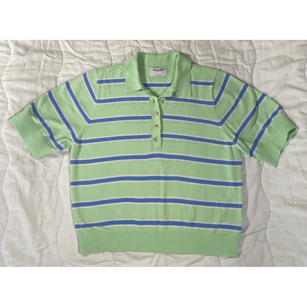 Old Navy SoSoft Lite Striped Polo Sweater Mint Green Blue Short Sleeve Women's L